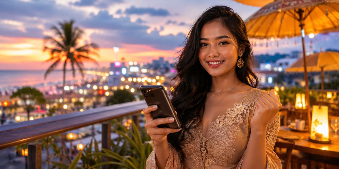 Pemain mengakses platform casino online melalui ponsel di pasar malam yang ramai
