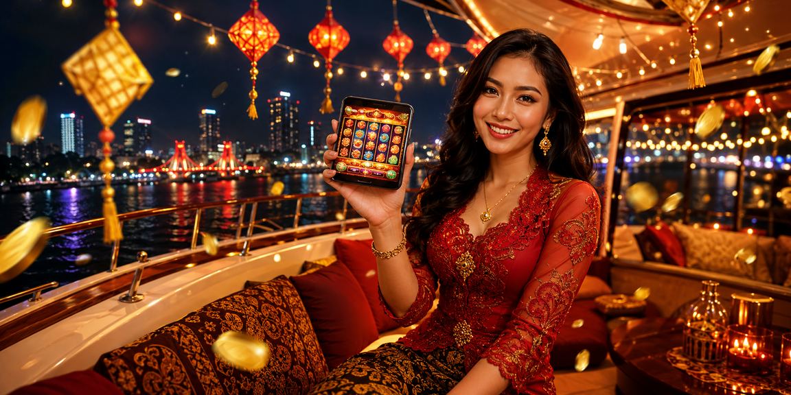 Layar mesin slot game dengan latar festival berwarna-warni yang meriah